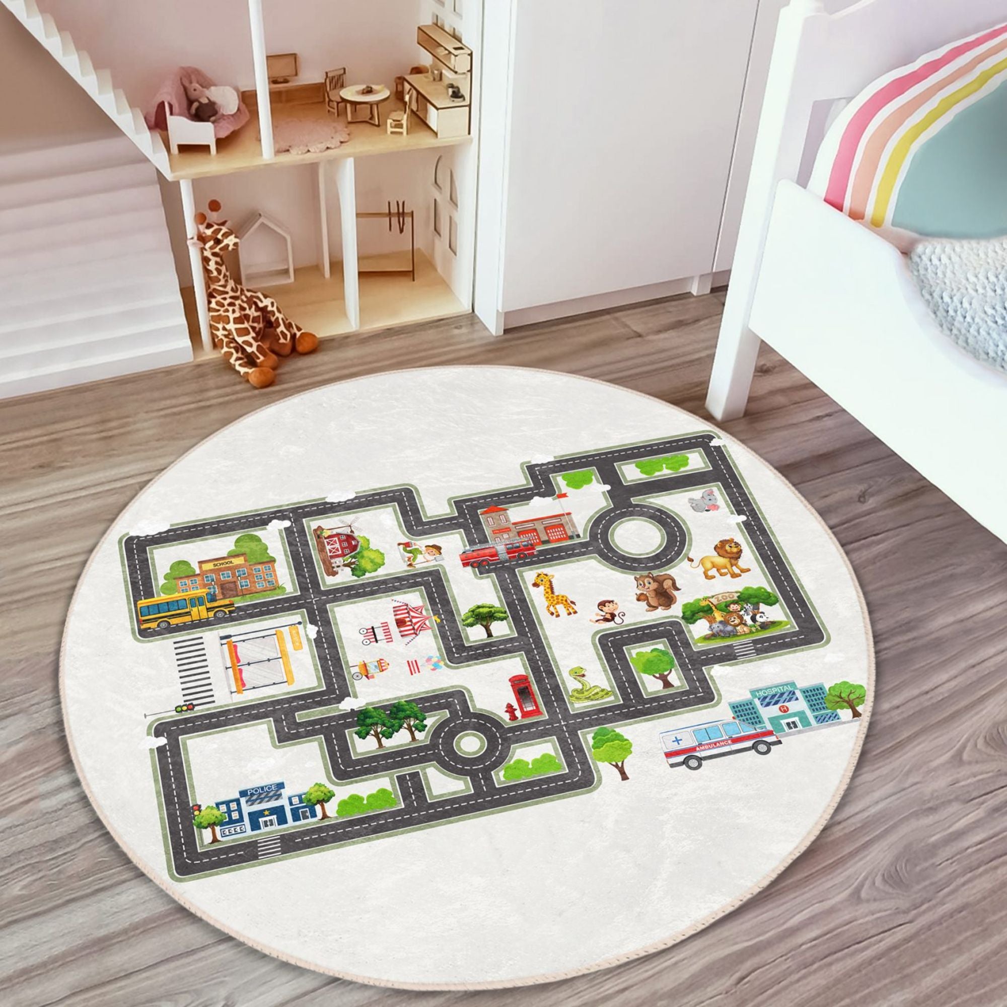 Colorful city map roads printed rug for kids, featuring roads and buildings, perfect for imaginative play and washable for easy cleaning.