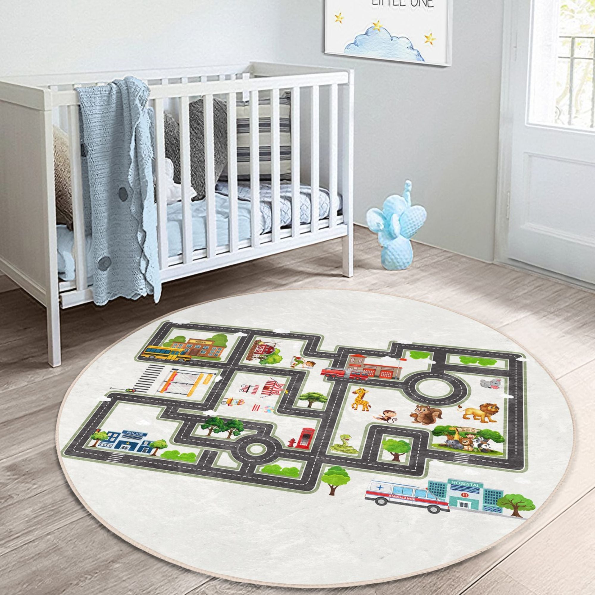 Colorful city map roads printed rug for kids, featuring roads and buildings, perfect for imaginative play and washable for easy cleaning.