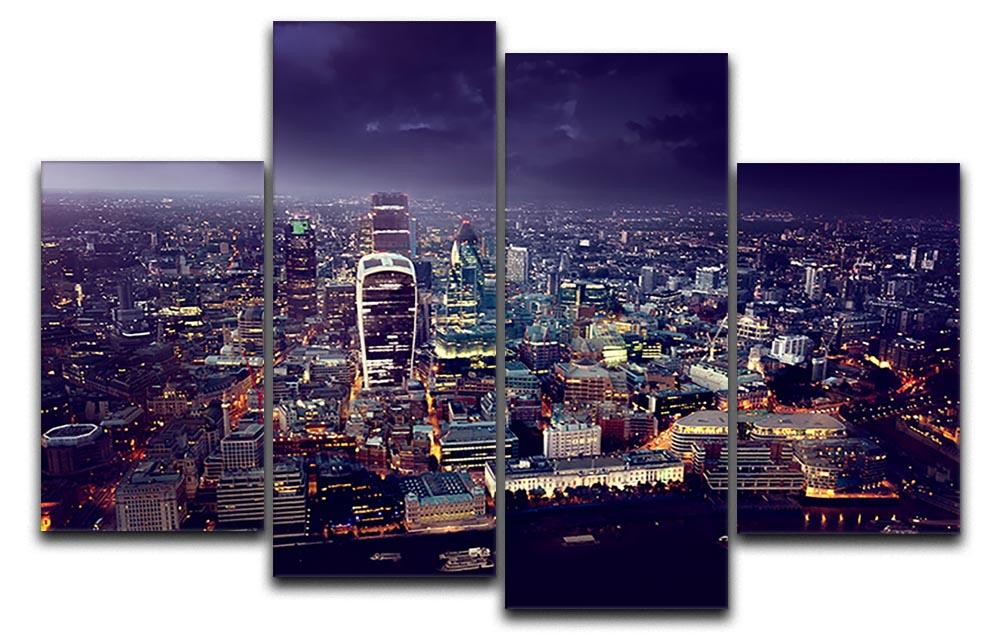 A beautiful 4-split canvas artwork depicting the City of London at sunset, showcasing vibrant colors and intricate skyline details.