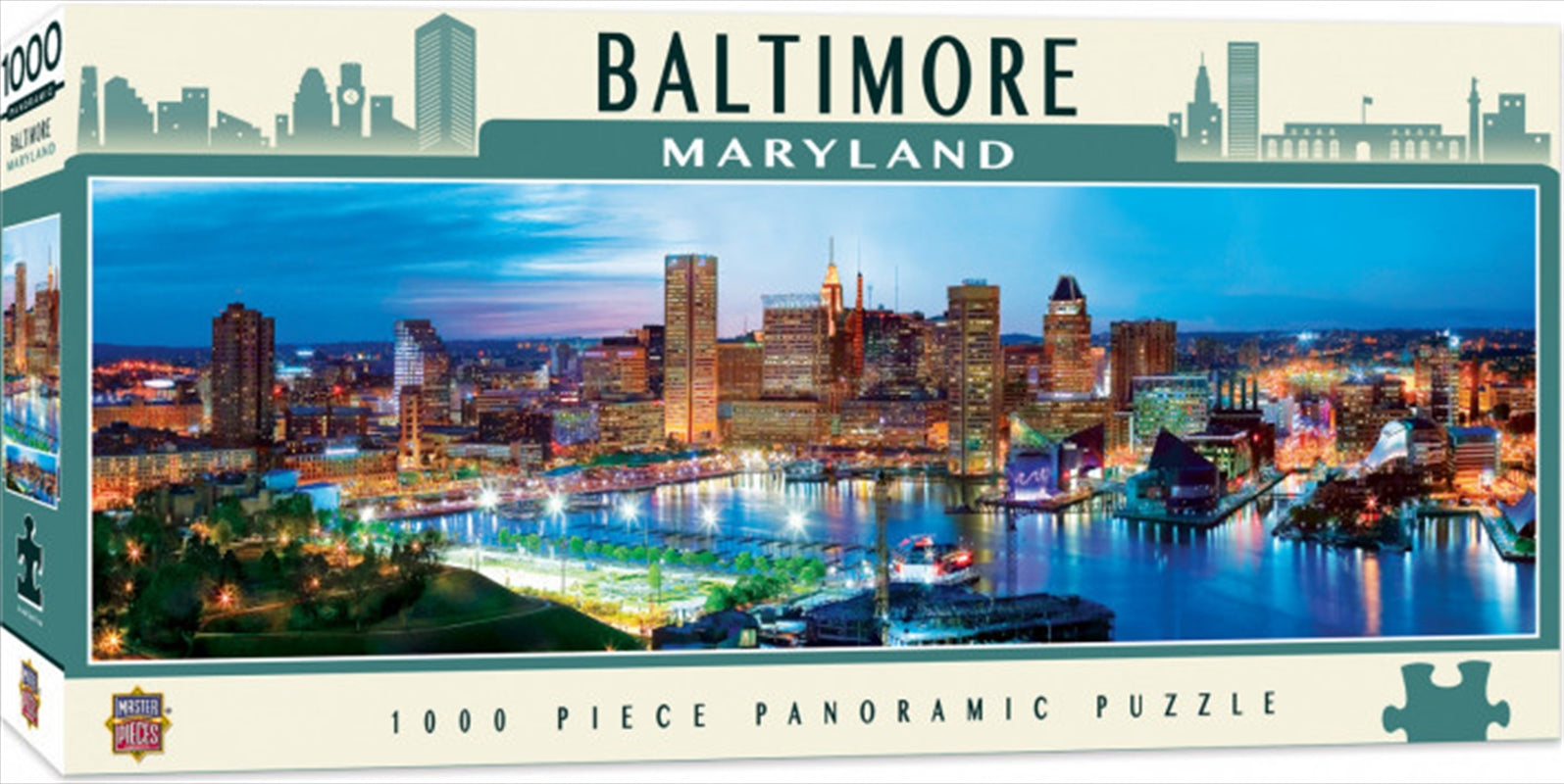 A panoramic view of Baltimore at twilight, showcasing the skyline and Inner Harbor, featured in a 1000-piece puzzle.