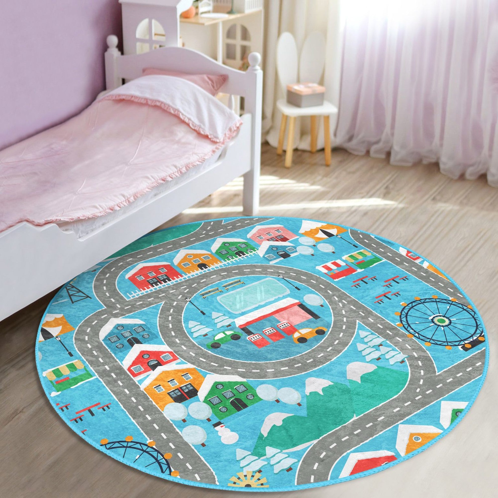 Round rug featuring a colorful city road design with play cars, perfect for boys' rooms and imaginative play.