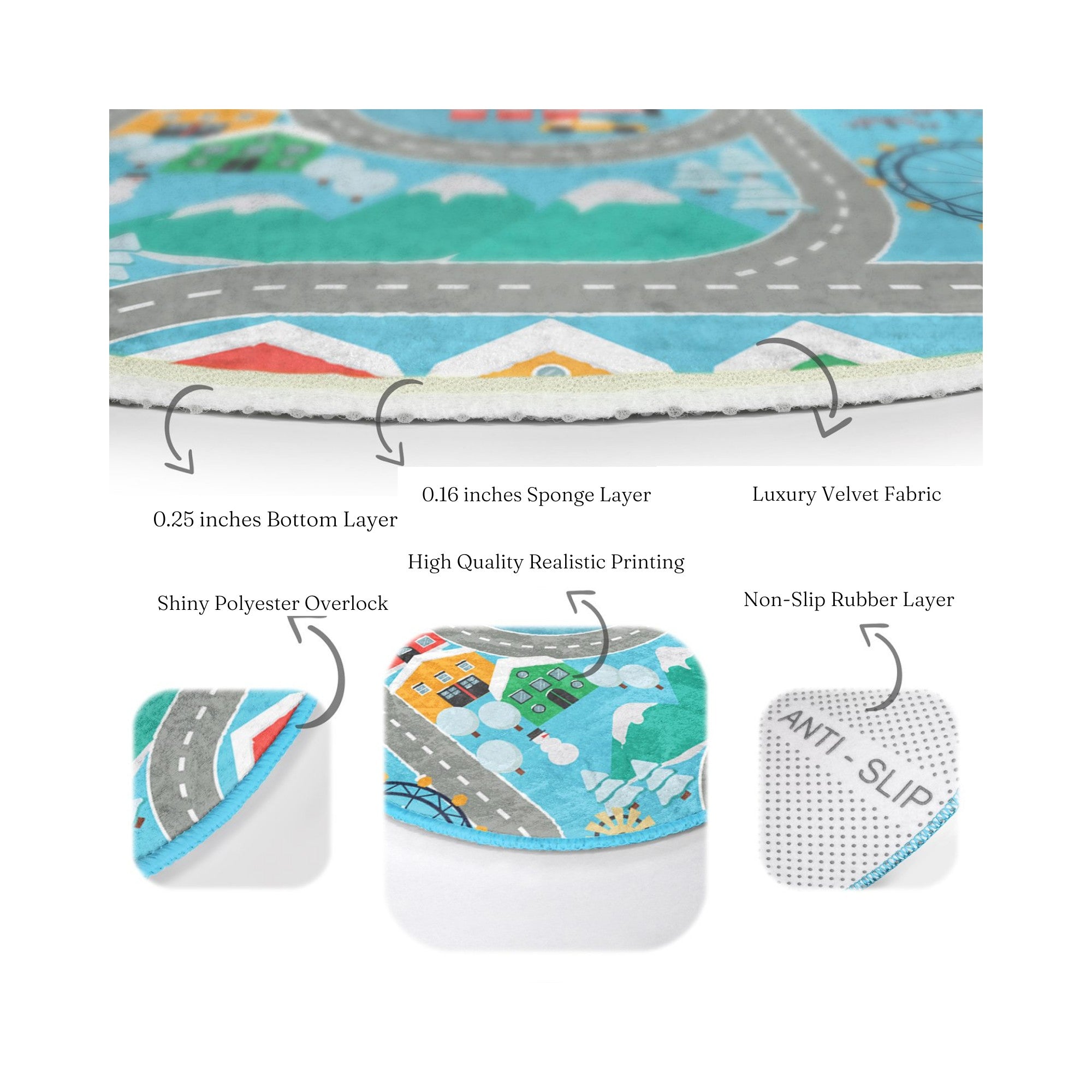 Round rug featuring a colorful city road design with play cars, perfect for boys' rooms and imaginative play.