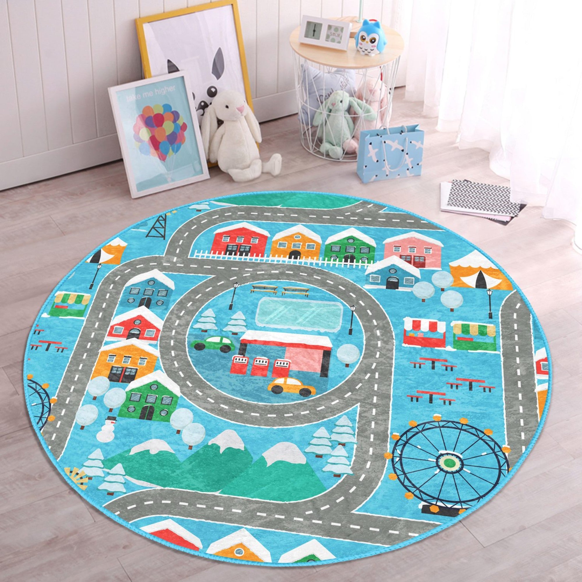 Round rug featuring a colorful city road design with play cars, perfect for boys' rooms and imaginative play.