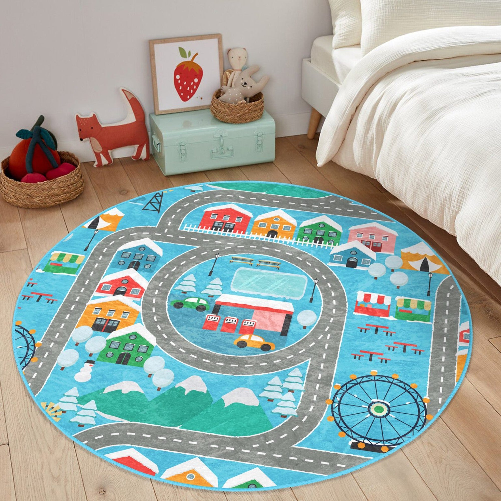Round rug featuring a colorful city road design with play cars, perfect for boys' rooms and imaginative play.