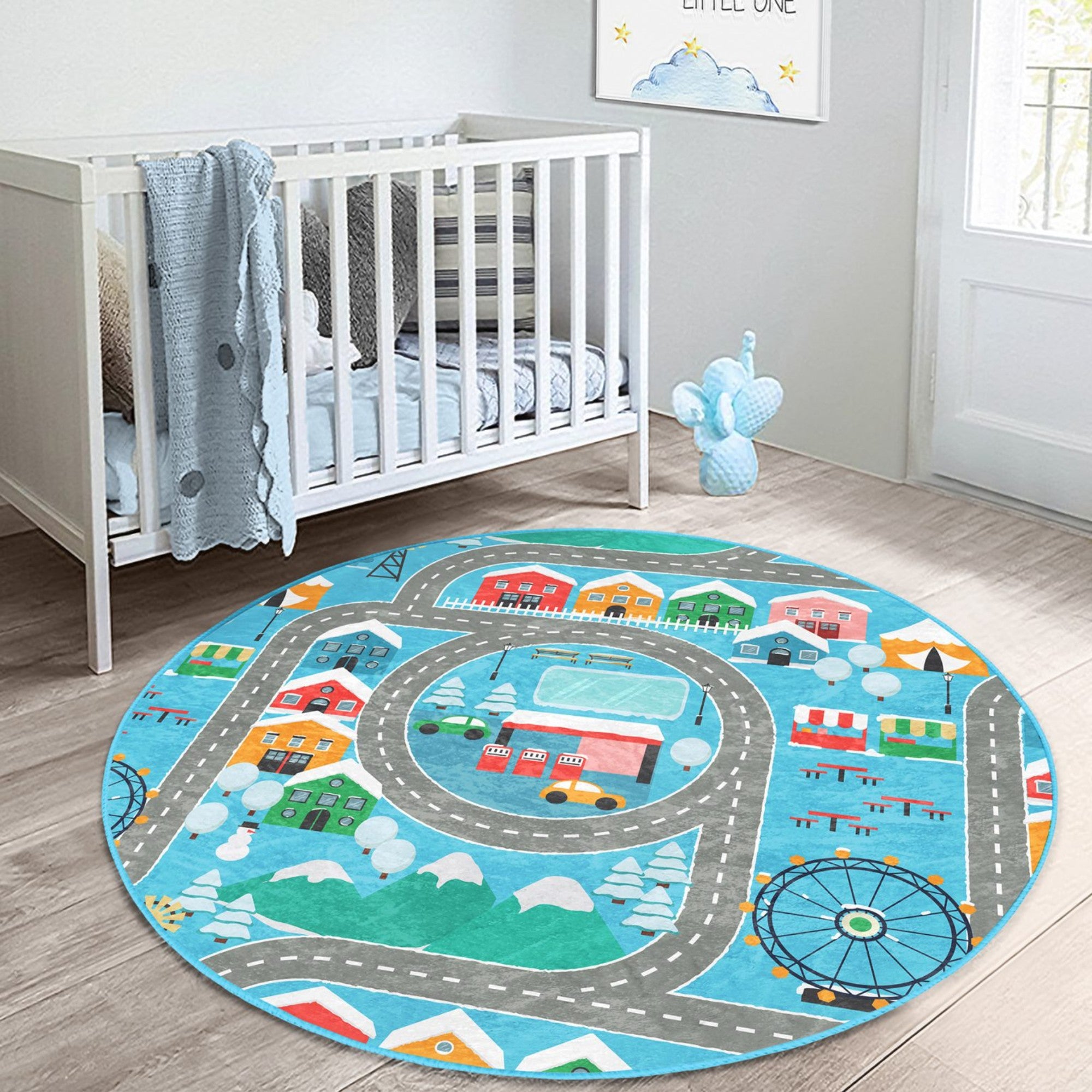 Round rug featuring a colorful city road design with play cars, perfect for boys' rooms and imaginative play.