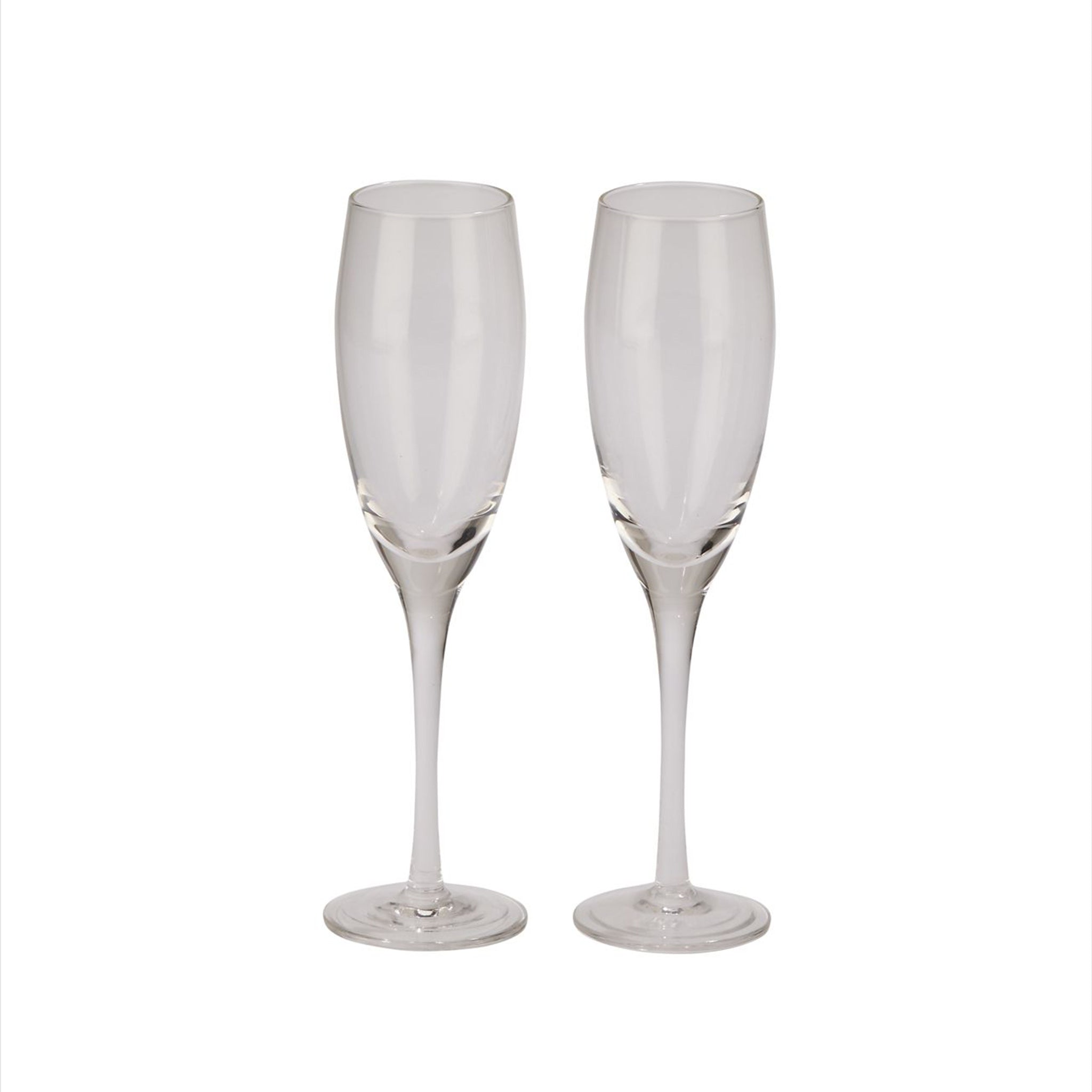 Claro Toasting Flutes Set in a silver gift box, showcasing elegant clear glass design.