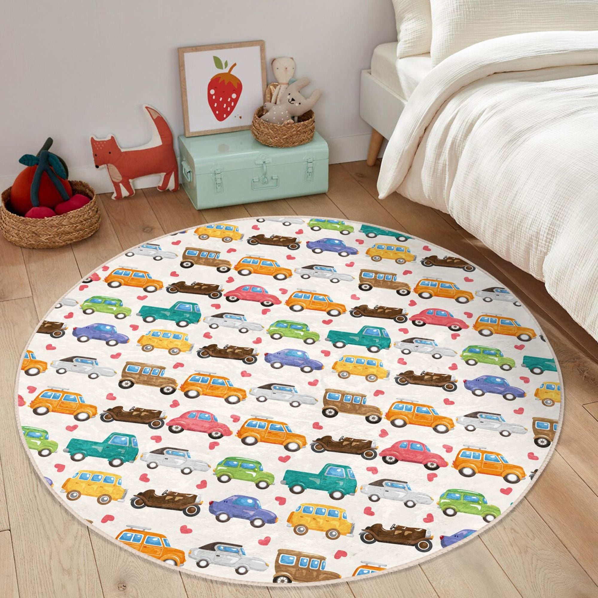 A colorful round rug featuring classic cartoon cars, designed for kids' rooms, showcasing vibrant colors and a soft texture.