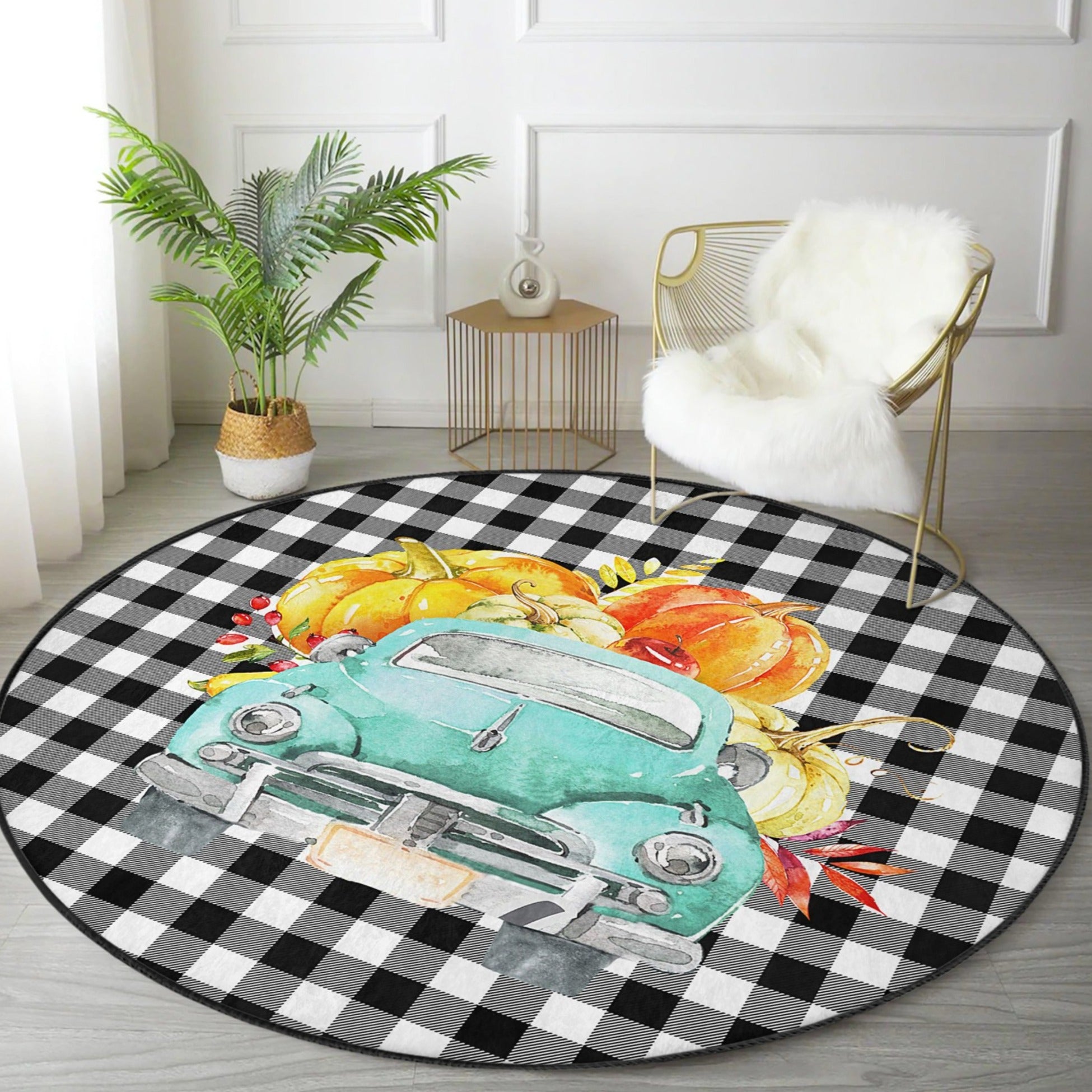 A round rug featuring a classic pumpkin truck pattern, showcasing vibrant autumn colors and soft velvet texture, perfect for seasonal home decor.