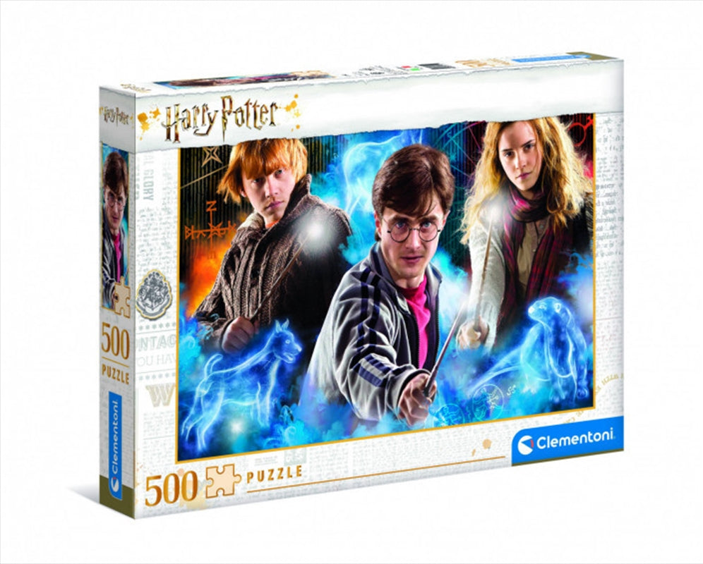 Clementoni 500-piece Harry Potter puzzle featuring iconic characters and scenes from the series, beautifully illustrated and ready to assemble.