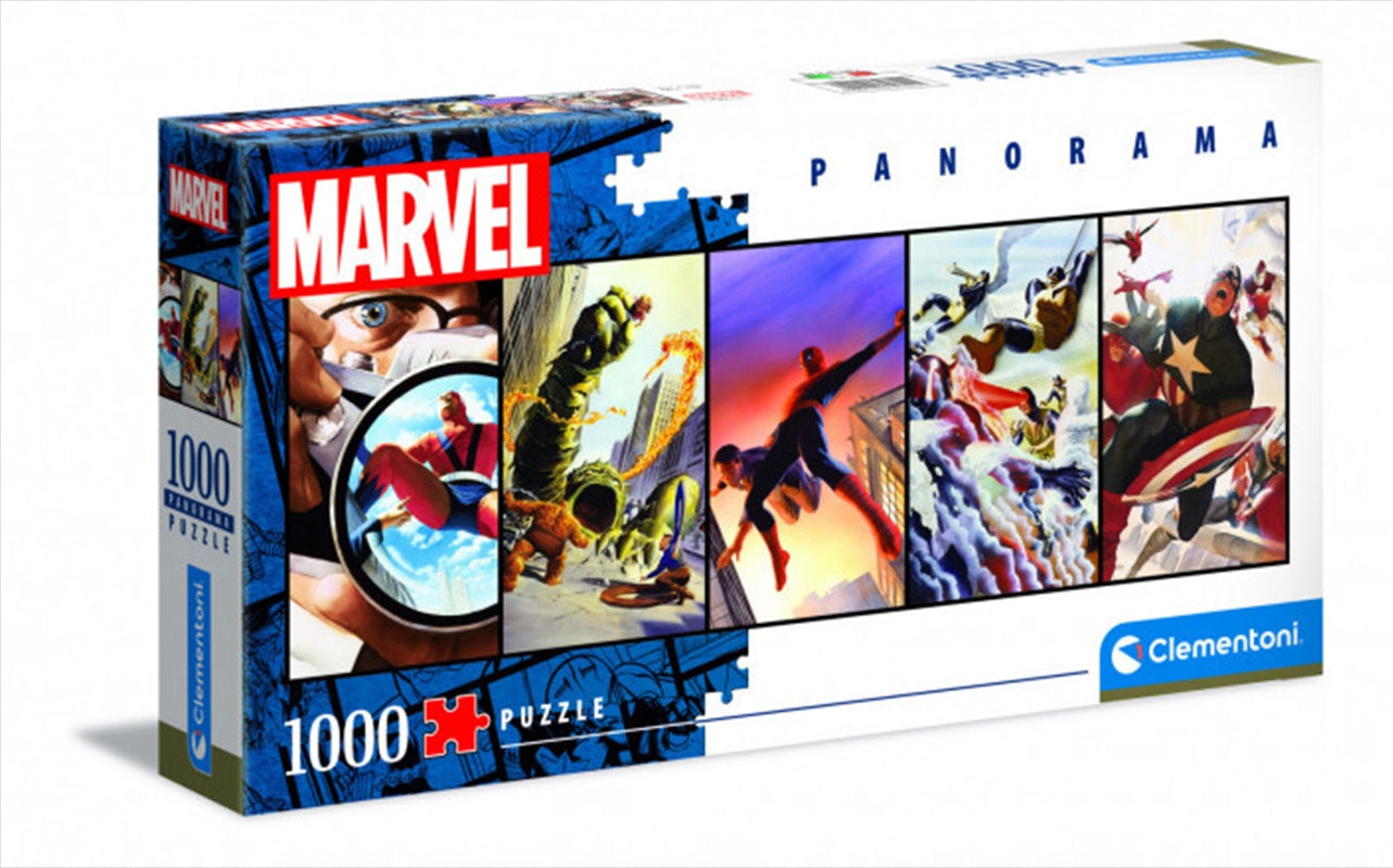 Clementoni 1,000-piece Marvel Panorama Puzzle featuring iconic superheroes in vibrant colors.