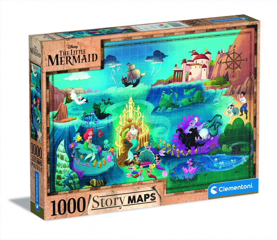 Clementoni 1000-piece puzzle featuring The Little Mermaid story maps with vibrant colors and detailed artwork.