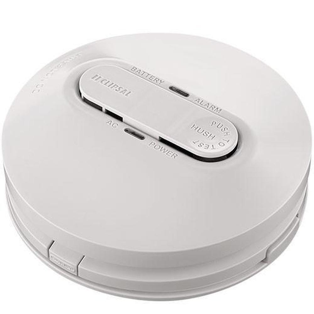 Clipsal Photoelectric Smoke Alarm 755PSMA4 mounted on a ceiling, showcasing its sleek design and features.