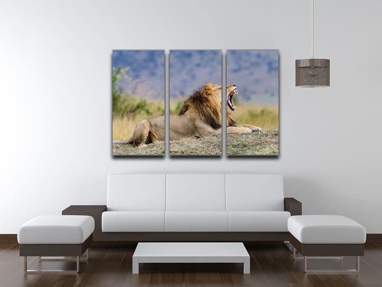 A stunning 3-panel canvas print featuring a close-up of a lion in the National Park of Kenya, showcasing its majestic features and natural beauty.