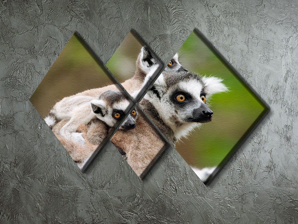 A close-up view of a ring-tailed lemur displayed on a 4-square multi-panel canvas artwork, showcasing vibrant colors and intricate details.