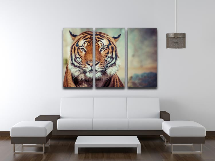 Close-up of a tiger's face on a 3-panel canvas print, showcasing intricate details and vibrant colors.