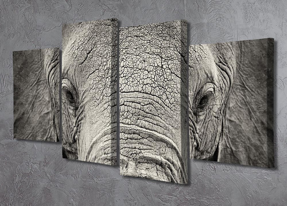 A beautiful close-up of an African elephant displayed on a 4-split canvas, showcasing intricate details and vibrant colors.