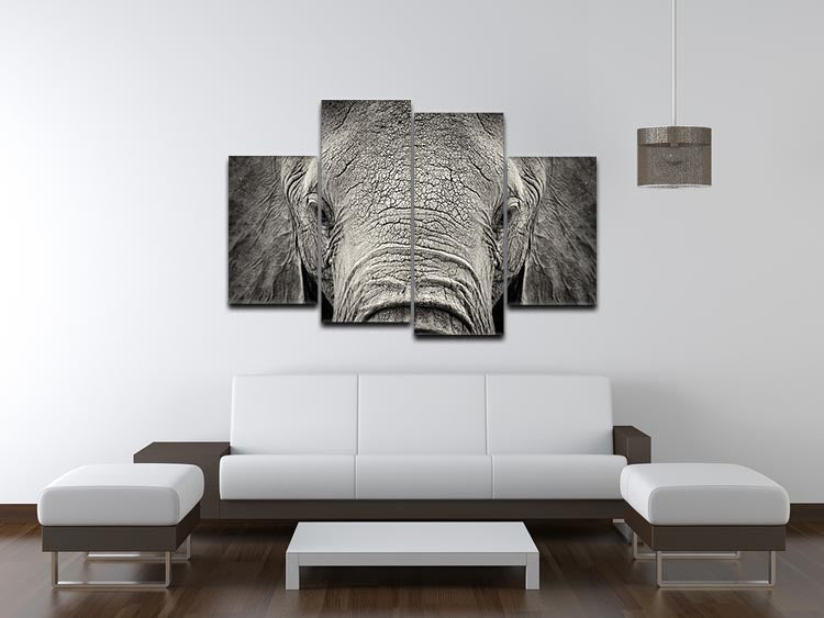 A beautiful close-up of an African elephant displayed on a 4-split canvas, showcasing intricate details and vibrant colors.