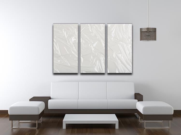 Closeup of a wrinkled plastic design on a 3-panel canvas print, showcasing modern art aesthetics.
