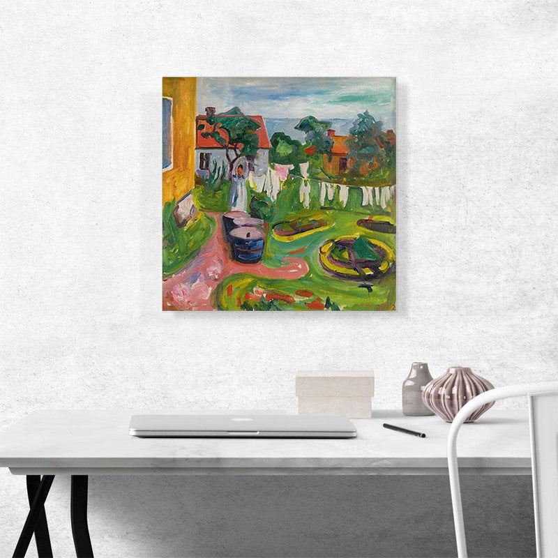 Canvas print of 'Clothes on a Line in Asgardstrand 1902', showcasing vibrant colors and intricate details of clothes hanging on a line.