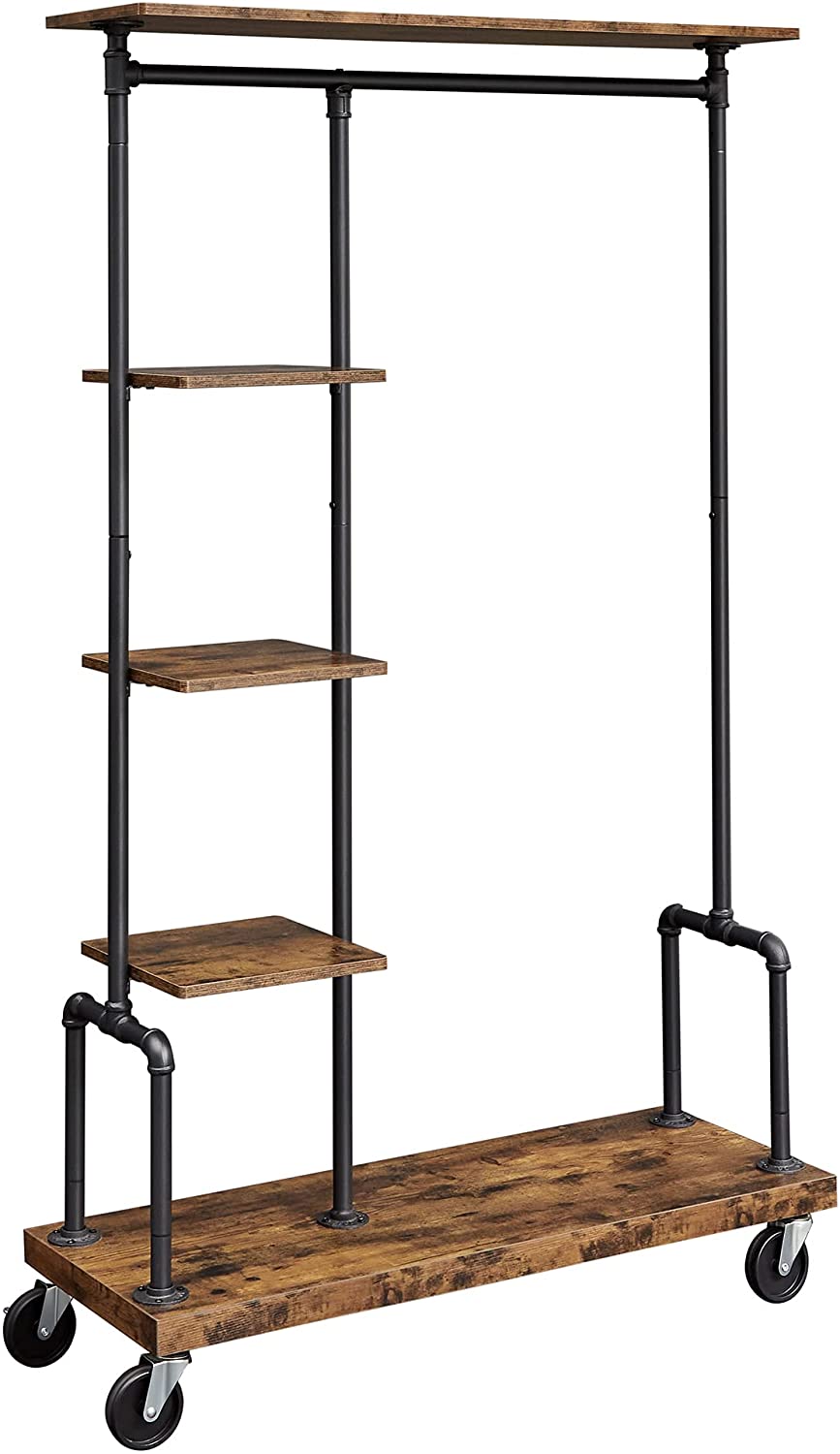 Clothing Garment Rack on Wheels featuring industrial pipe design and rustic brown shelves, showcasing clothes and accessories.