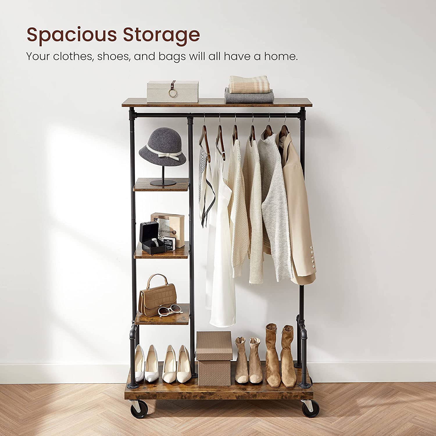 Clothing Garment Rack on Wheels featuring industrial pipe design and rustic brown shelves, showcasing clothes and accessories.