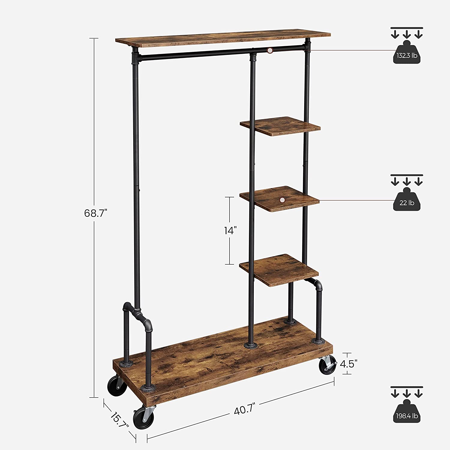 Clothing Garment Rack on Wheels featuring industrial pipe design and rustic brown shelves, showcasing clothes and accessories.