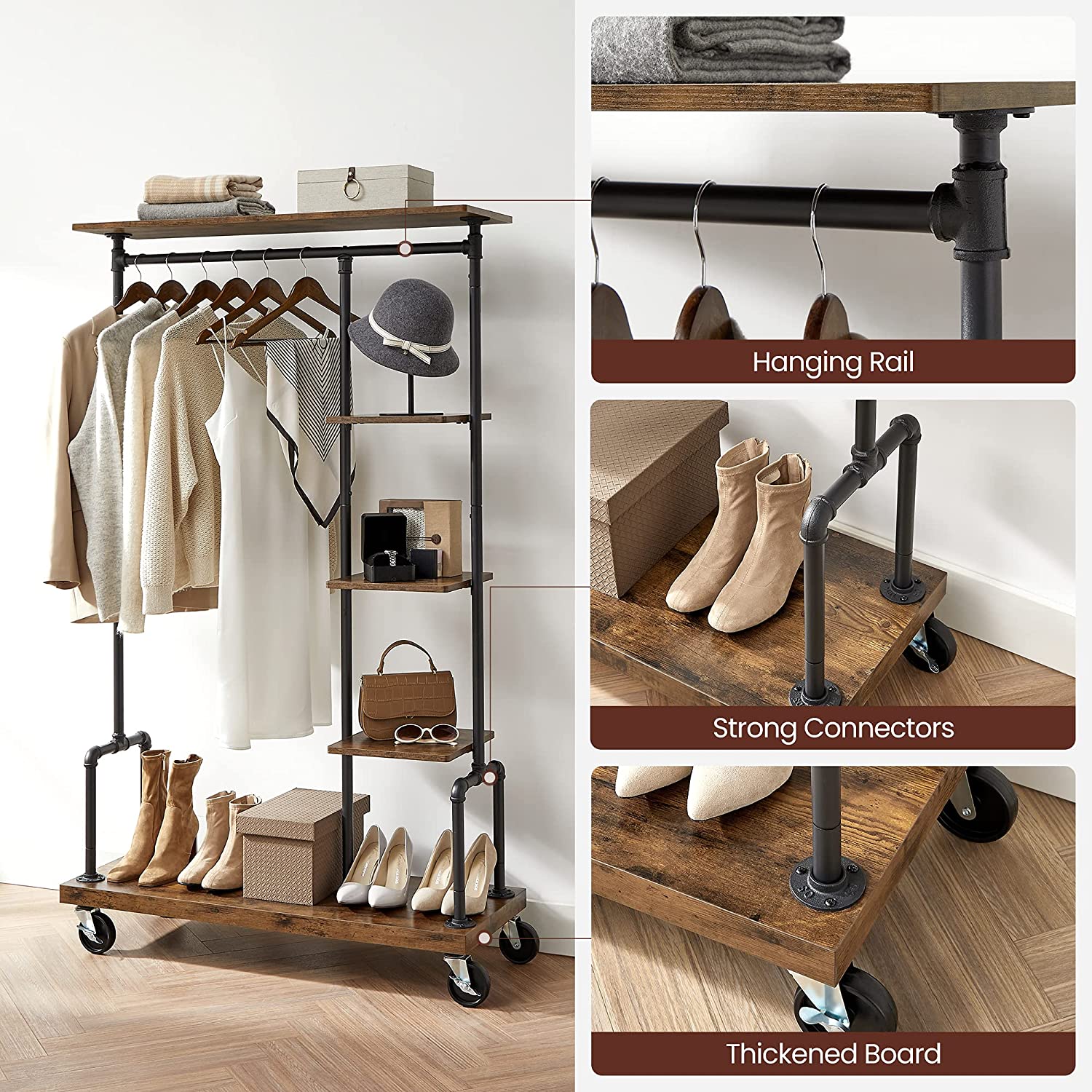 Clothing Garment Rack on Wheels featuring industrial pipe design and rustic brown shelves, showcasing clothes and accessories.