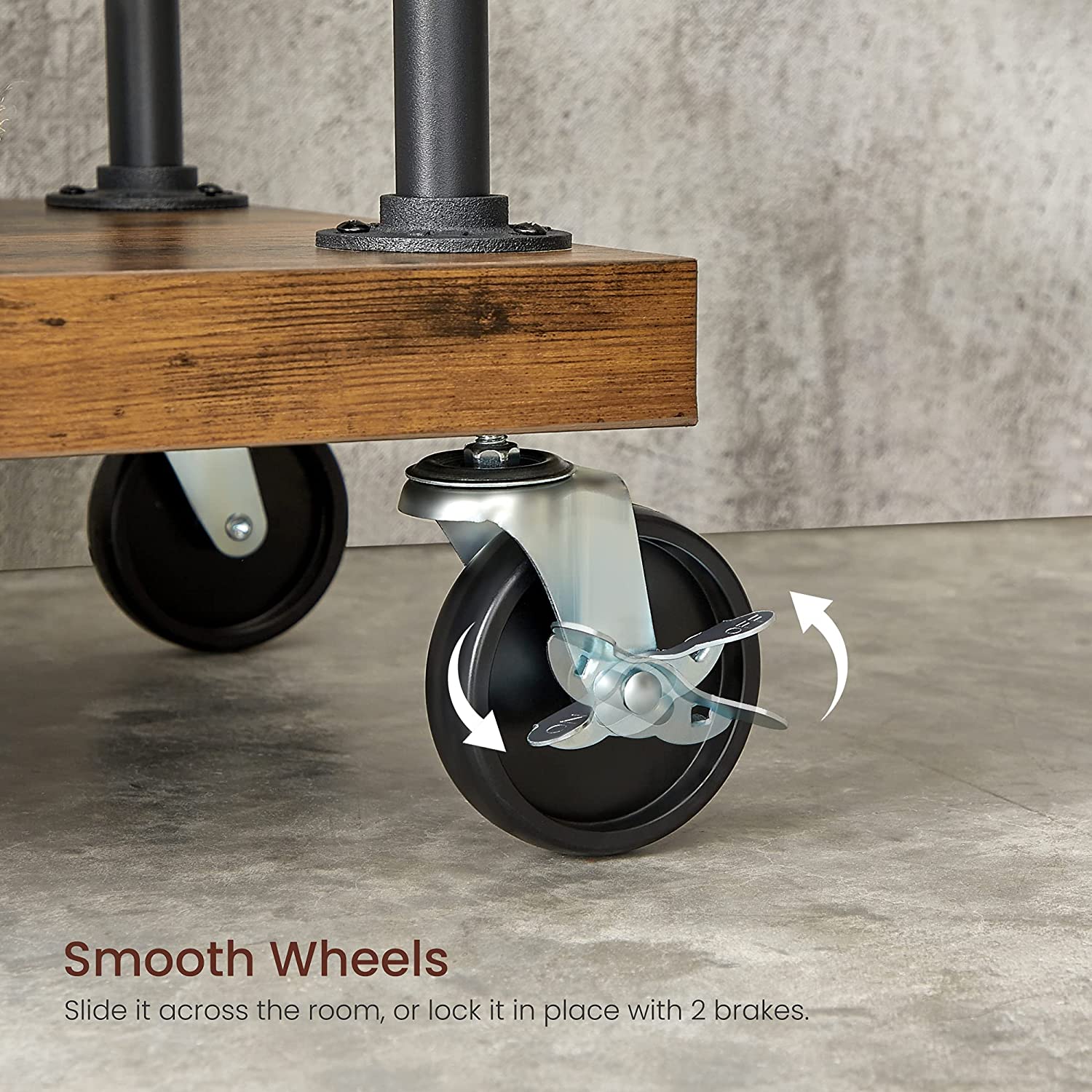 Clothing Garment Rack on Wheels featuring industrial pipe design and rustic brown shelves, showcasing clothes and accessories.