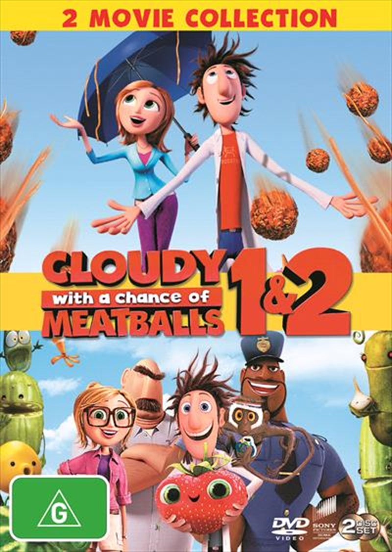 Cover image of Cloudy With A Chance Of Meatballs series featuring colorful animated characters and food raining from the sky.