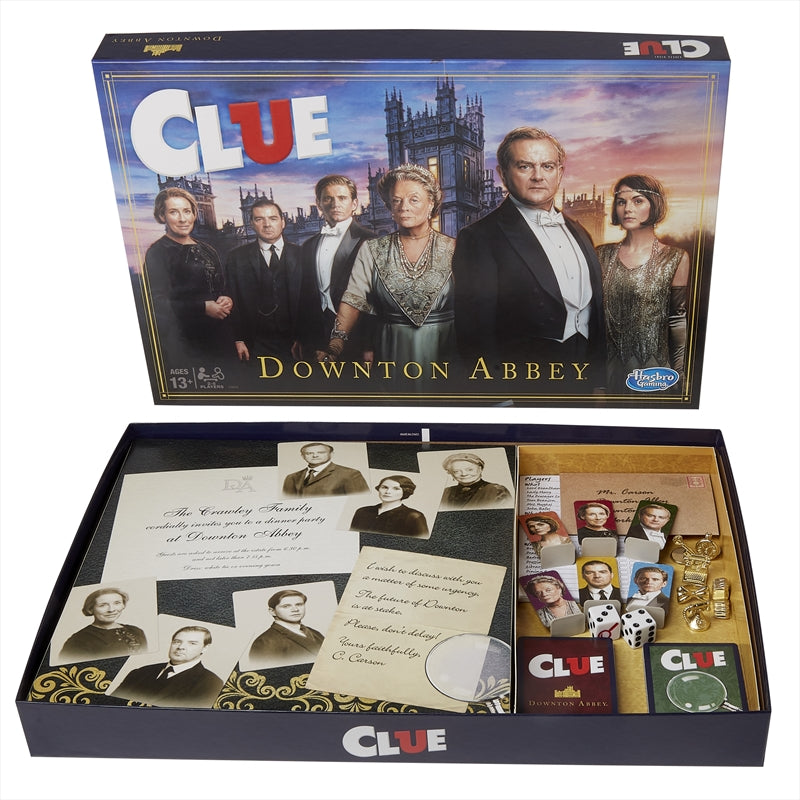 Clue - Downton Abbey Edition board game featuring character tokens and a beautifully illustrated game board.