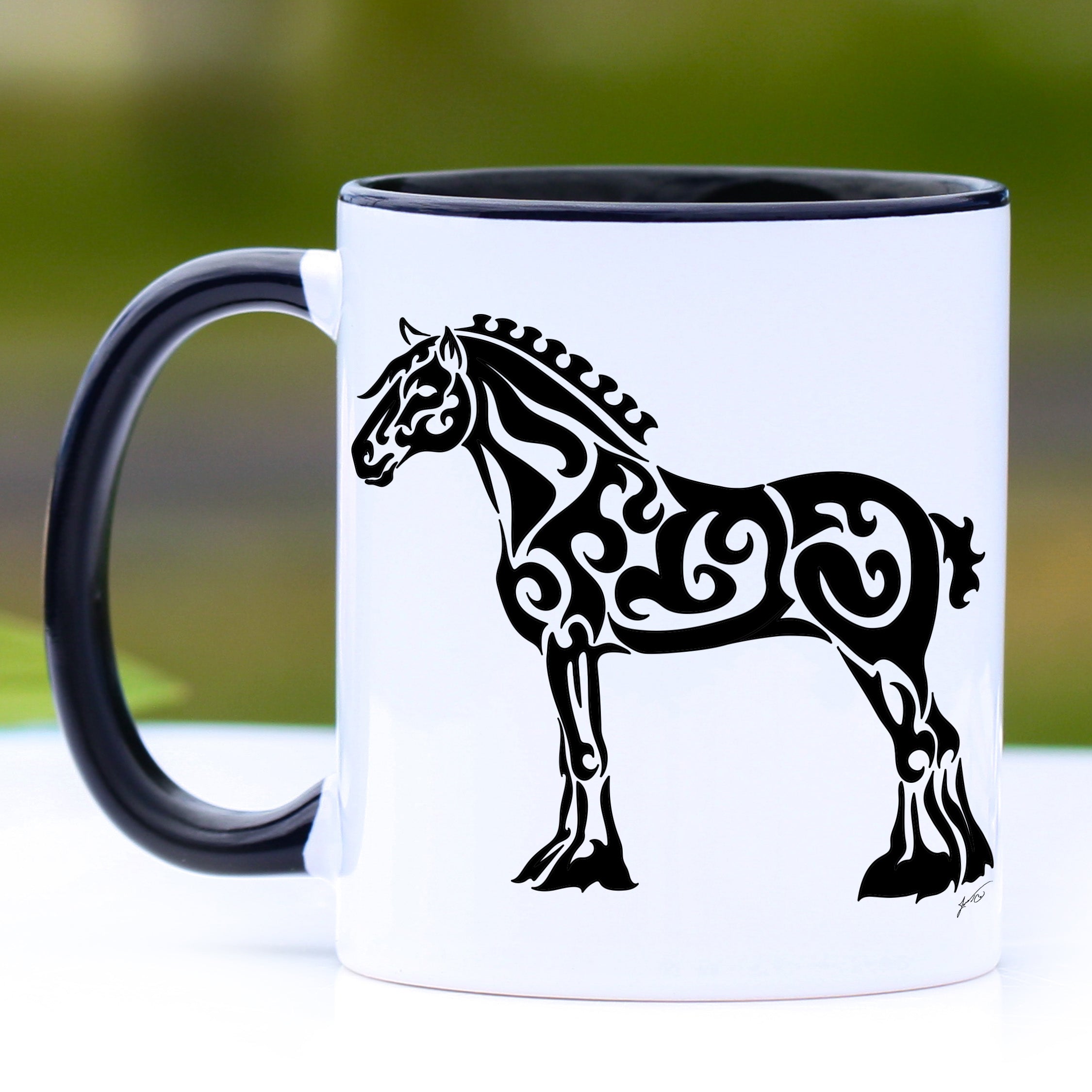 Clydesdale Draft Horse Coffee Mug with tribal design and black handle, perfect for horse lovers.