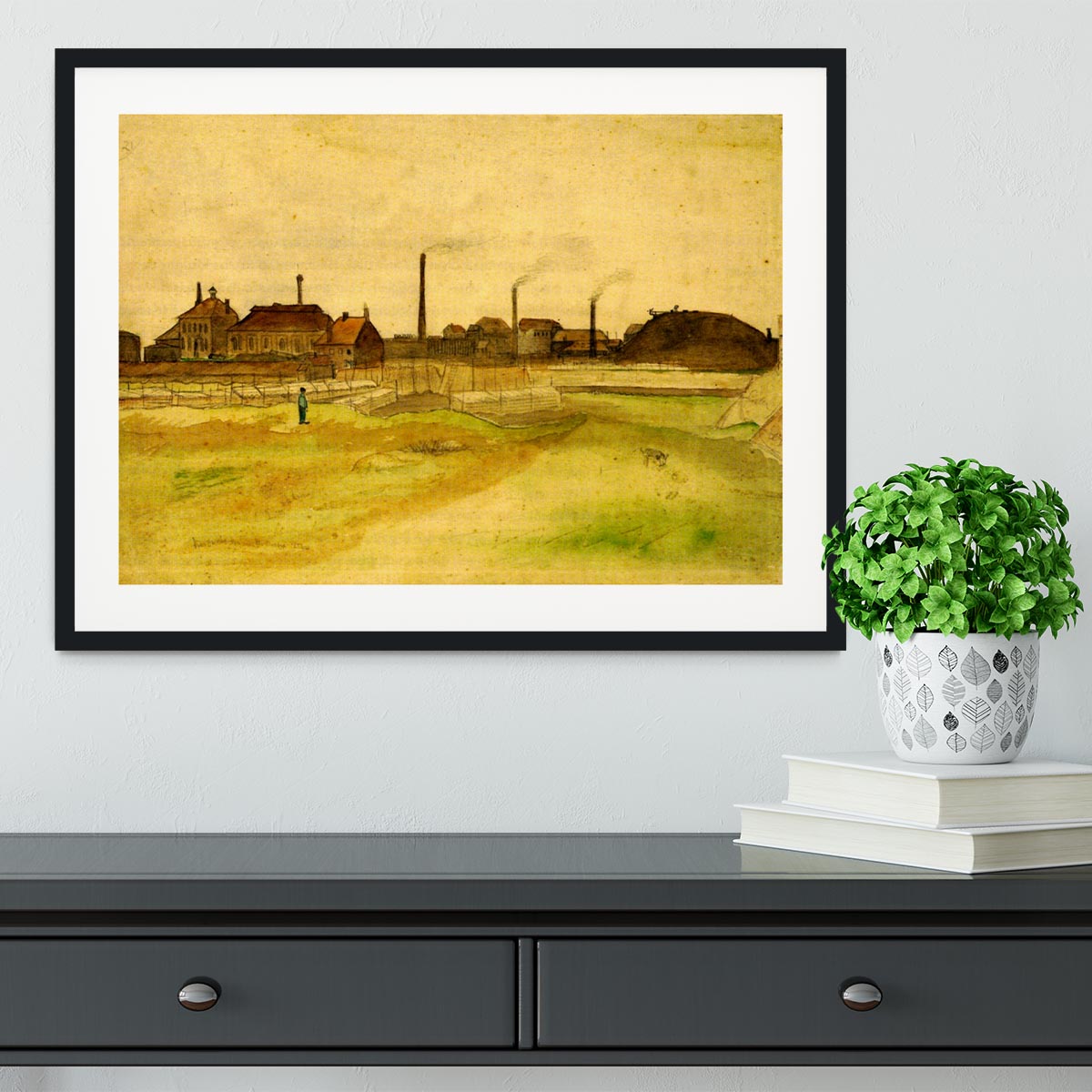 Framed print of Van Gogh's Coalmine in the Borinage, showcasing vibrant colors and quality craftsmanship.