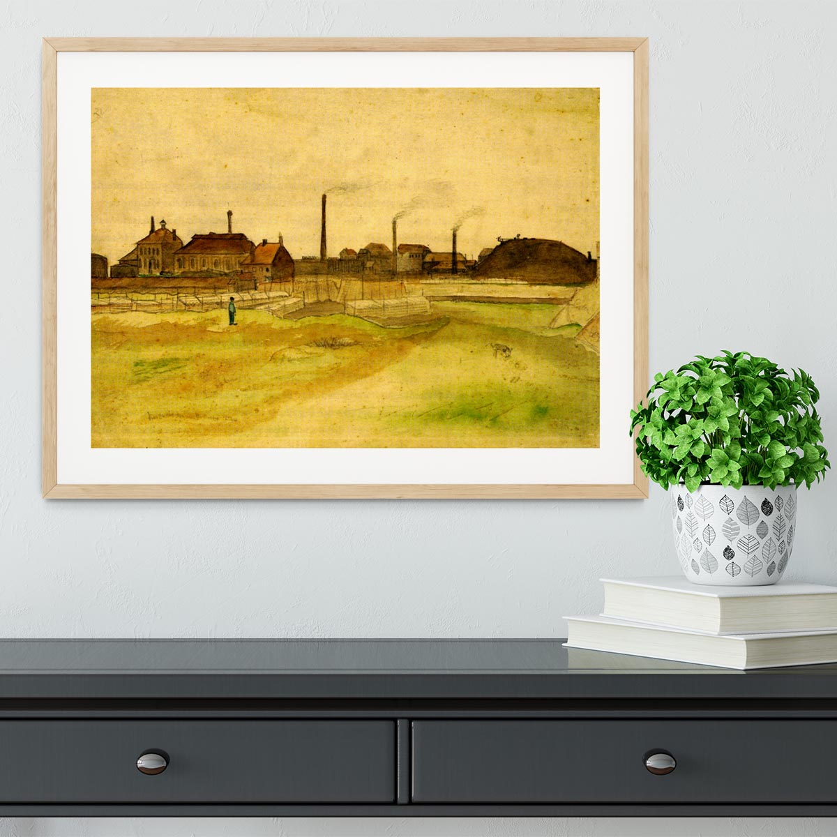 Framed print of Van Gogh's Coalmine in the Borinage, showcasing vibrant colors and quality craftsmanship.