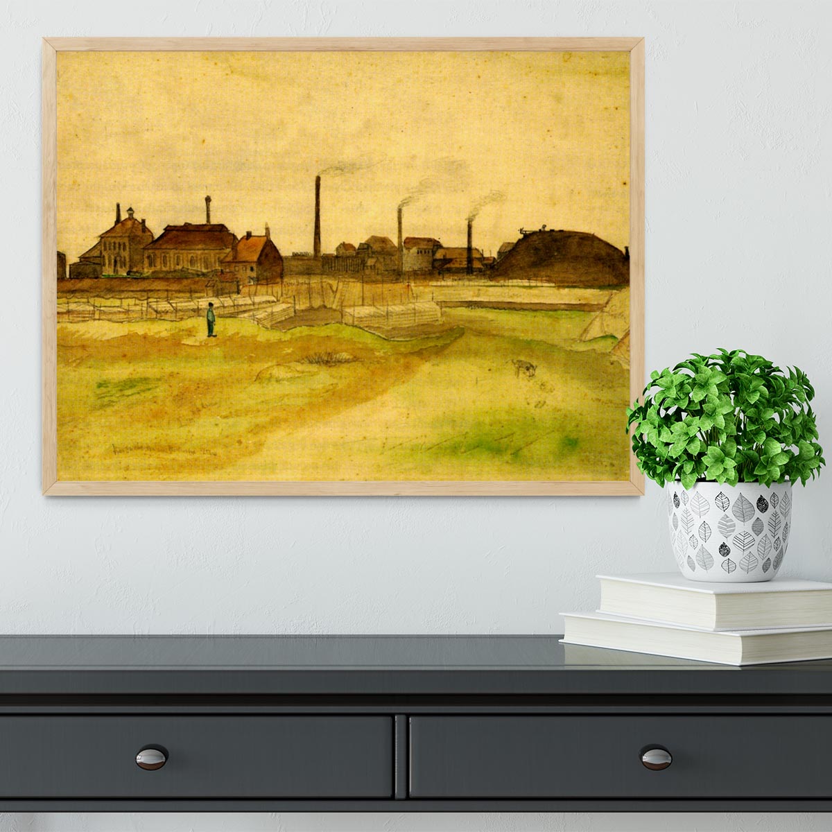 Framed print of Van Gogh's Coalmine in the Borinage, showcasing vibrant colors and quality craftsmanship.