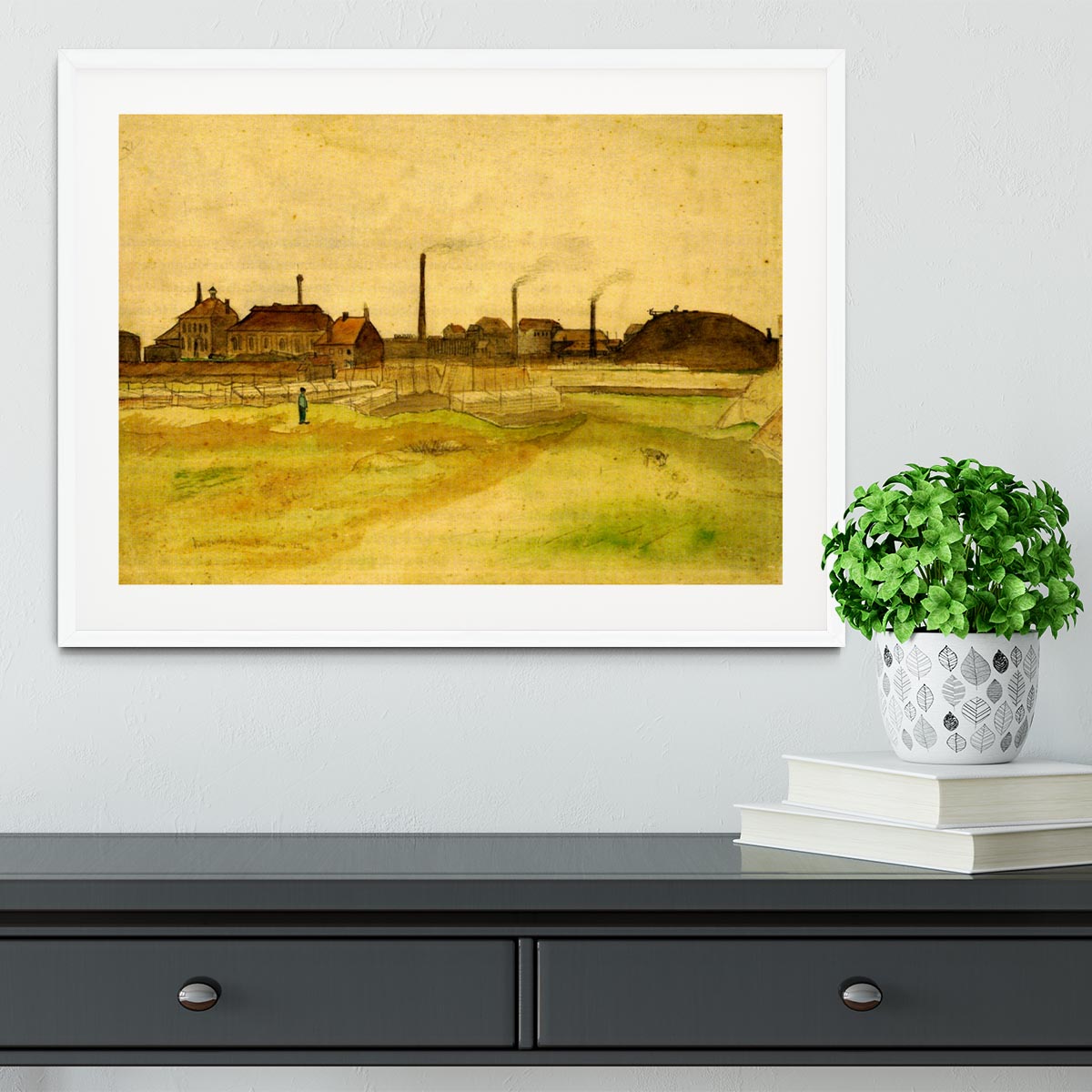 Framed print of Van Gogh's Coalmine in the Borinage, showcasing vibrant colors and quality craftsmanship.