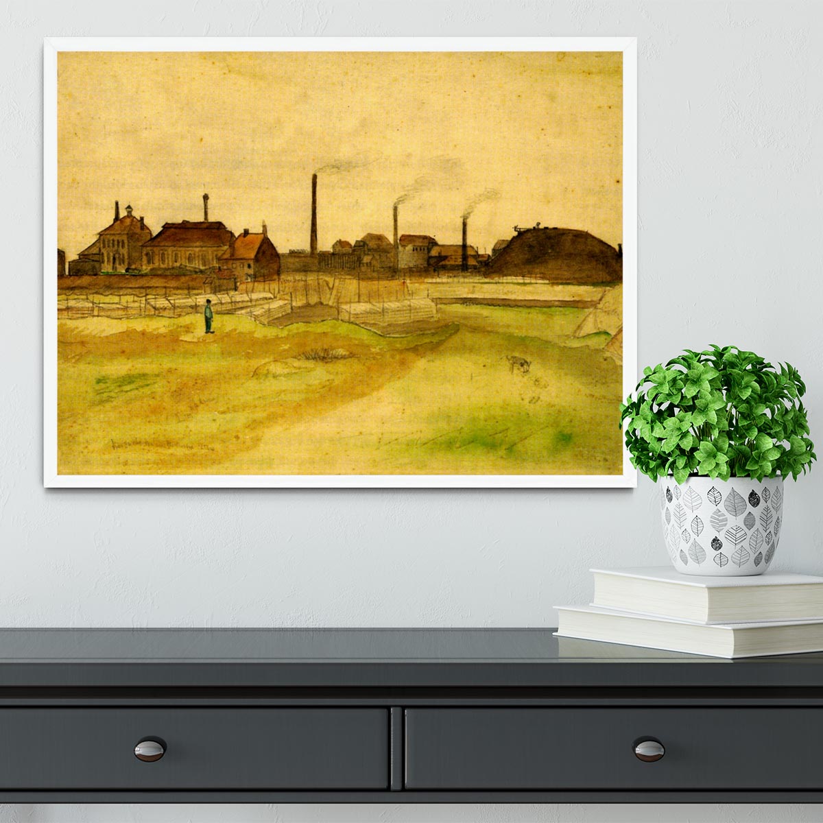 Framed print of Van Gogh's Coalmine in the Borinage, showcasing vibrant colors and quality craftsmanship.