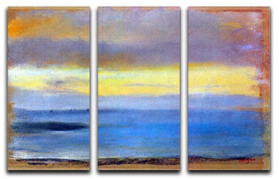 Three-panel canvas print depicting a coastal sunset by Degas, showcasing vibrant colors and serene scenery.