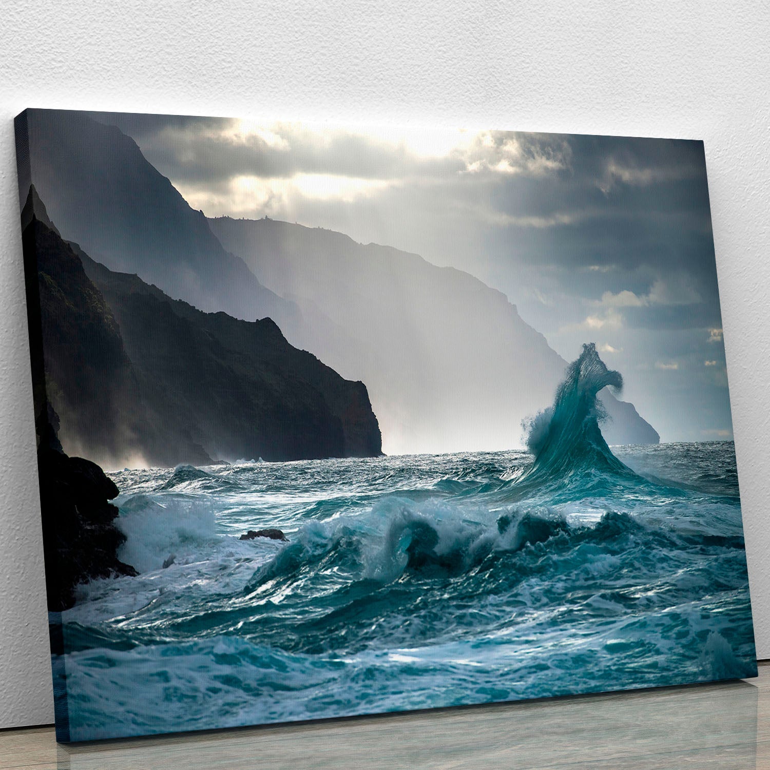 A beautiful canvas print featuring coastal waves, showcasing vibrant blues and whites, perfect for home or office decor.