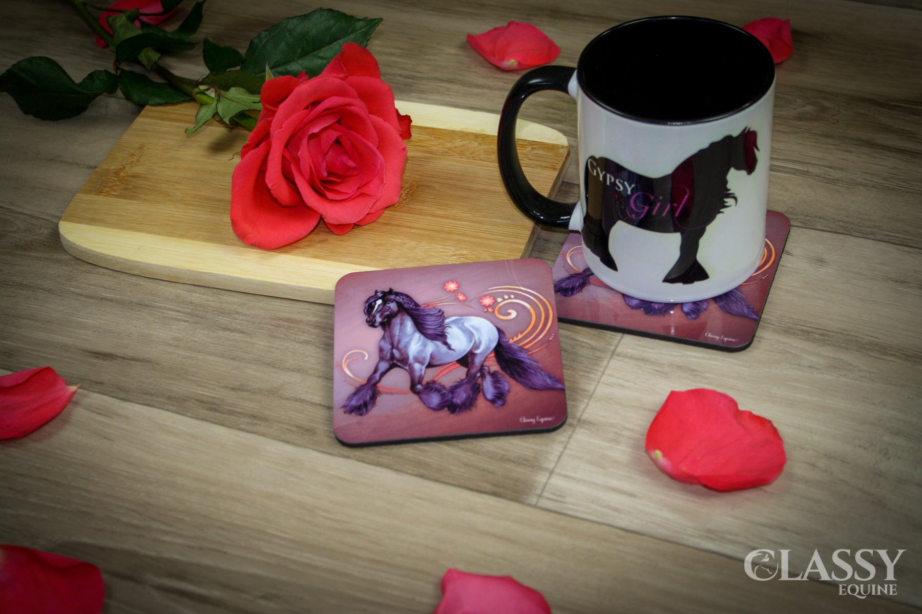 Set of Blue Roan Gypsy Heart coasters with glossy finish and cork backing, showcasing stunning horse design.