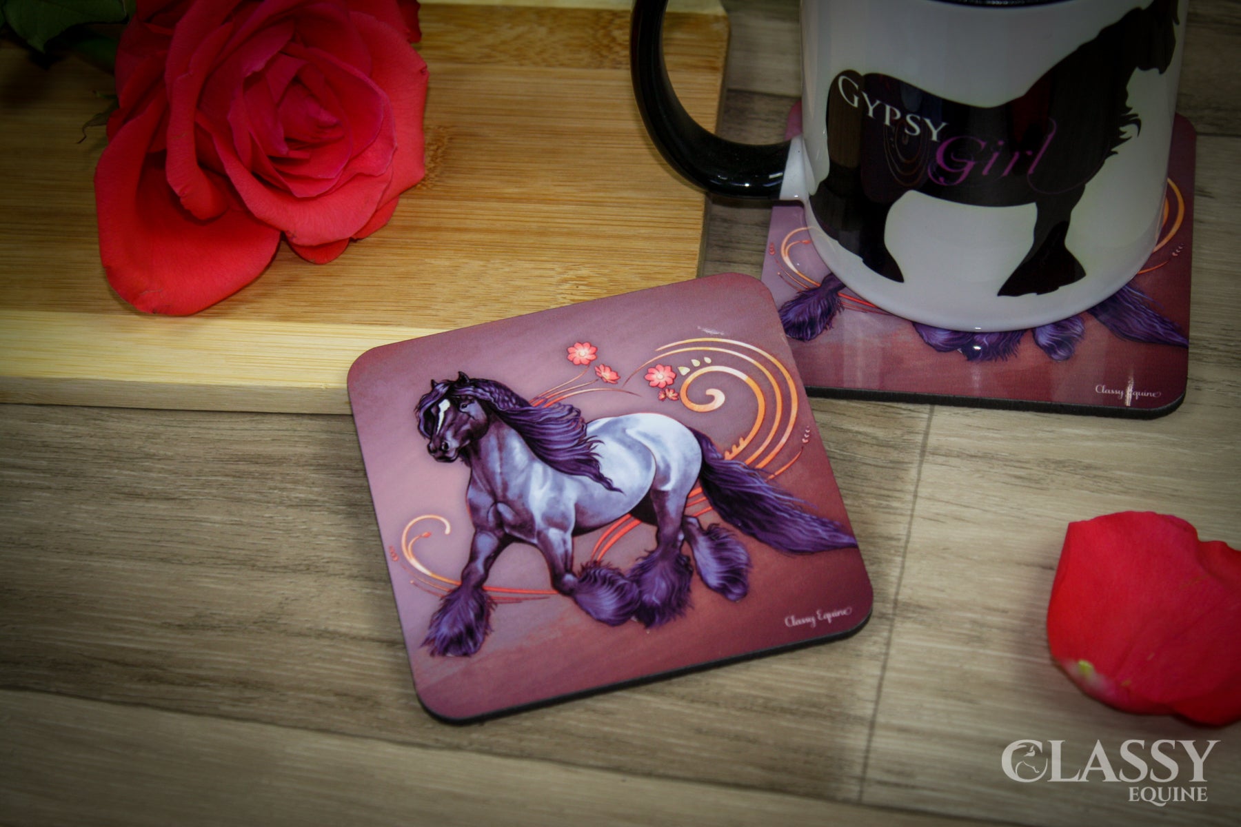 Set of Blue Roan Gypsy Heart coasters with glossy finish and cork backing, showcasing stunning horse design.