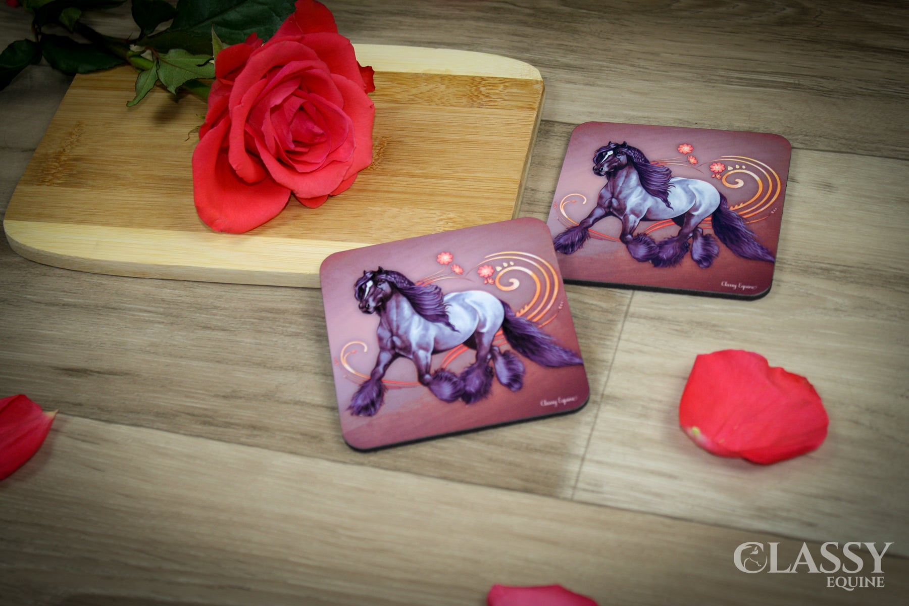Set of Blue Roan Gypsy Heart coasters with glossy finish and cork backing, showcasing stunning horse design.