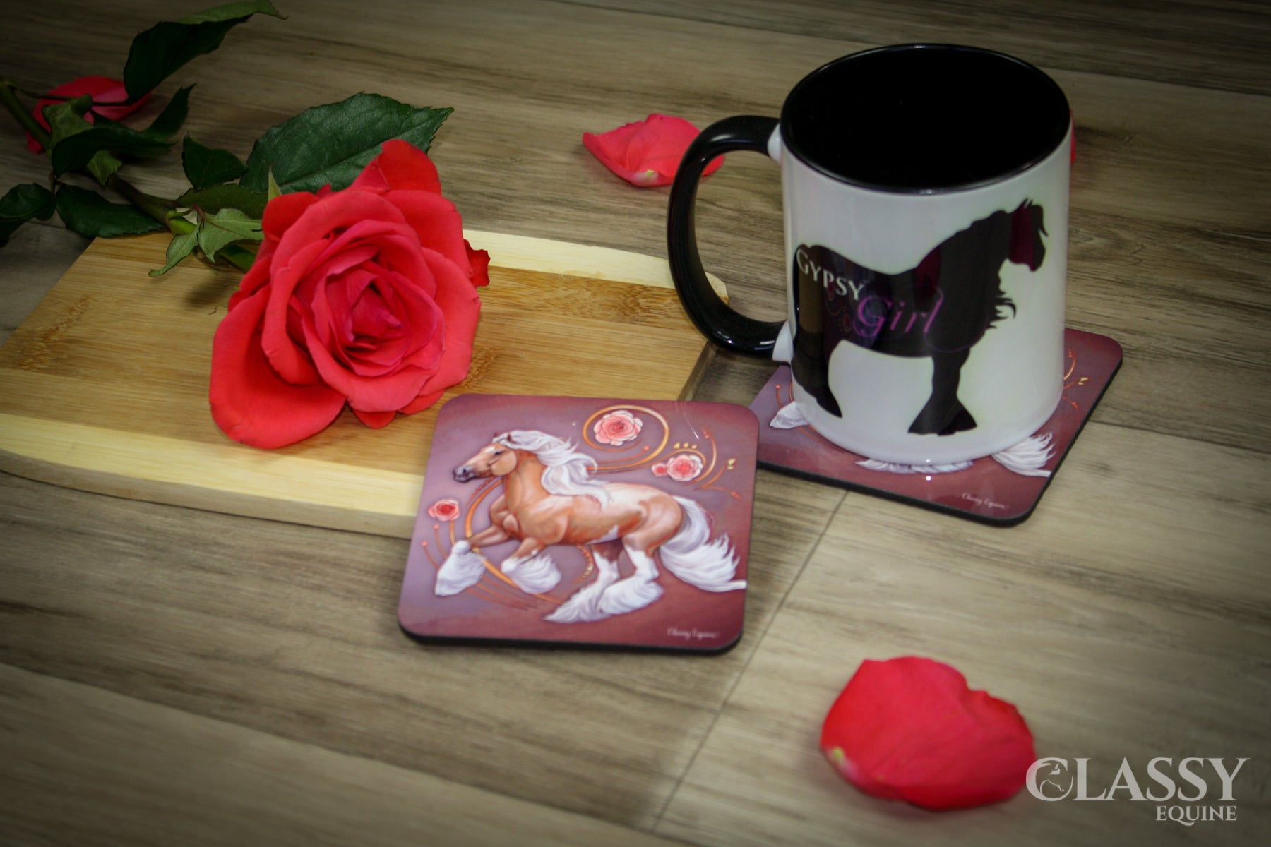 Set of glossy coasters featuring an elegant palomino Gypsy horse design with a cork backing.