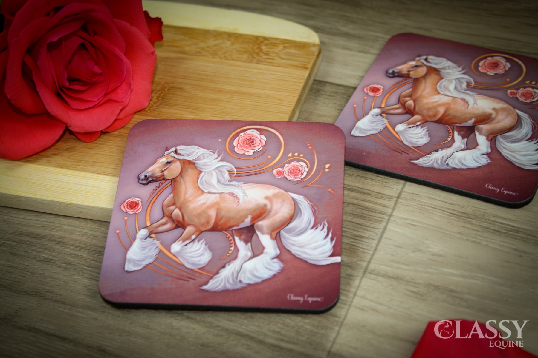 Set of glossy coasters featuring an elegant palomino Gypsy horse design with a cork backing.