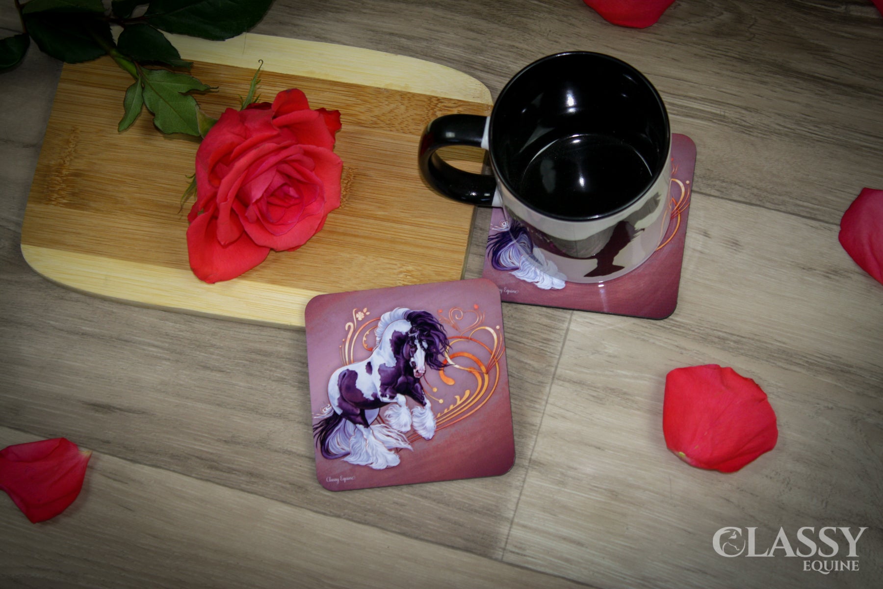 Set of glossy coasters featuring a Tobiano Gypsy Horse design with hearts, perfect for protecting surfaces.
