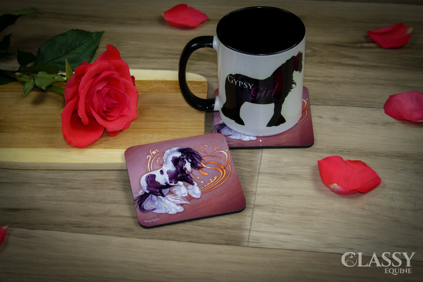 Set of glossy coasters featuring a Tobiano Gypsy Horse design with hearts, perfect for protecting surfaces.