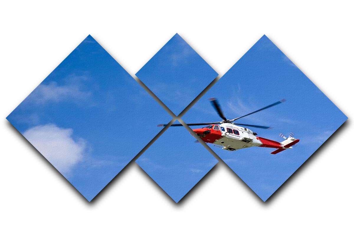 A vibrant multi-panel canvas artwork featuring a Coastguard helicopter flying in a clear blue sky, divided into four equal sections.