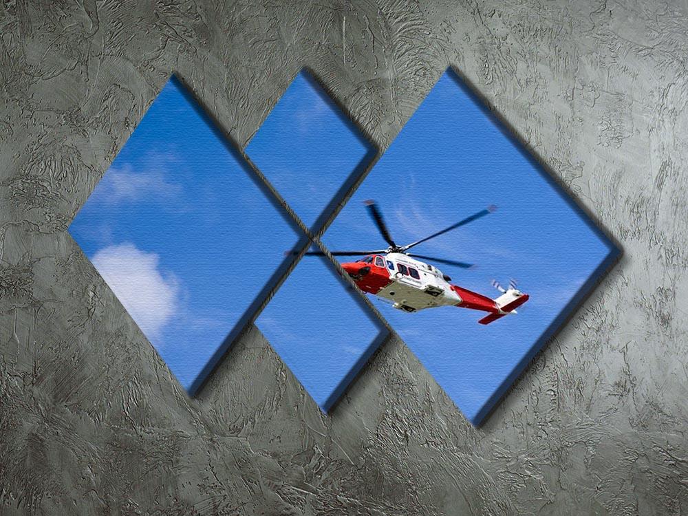 A vibrant multi-panel canvas artwork featuring a Coastguard helicopter flying in a clear blue sky, divided into four equal sections.