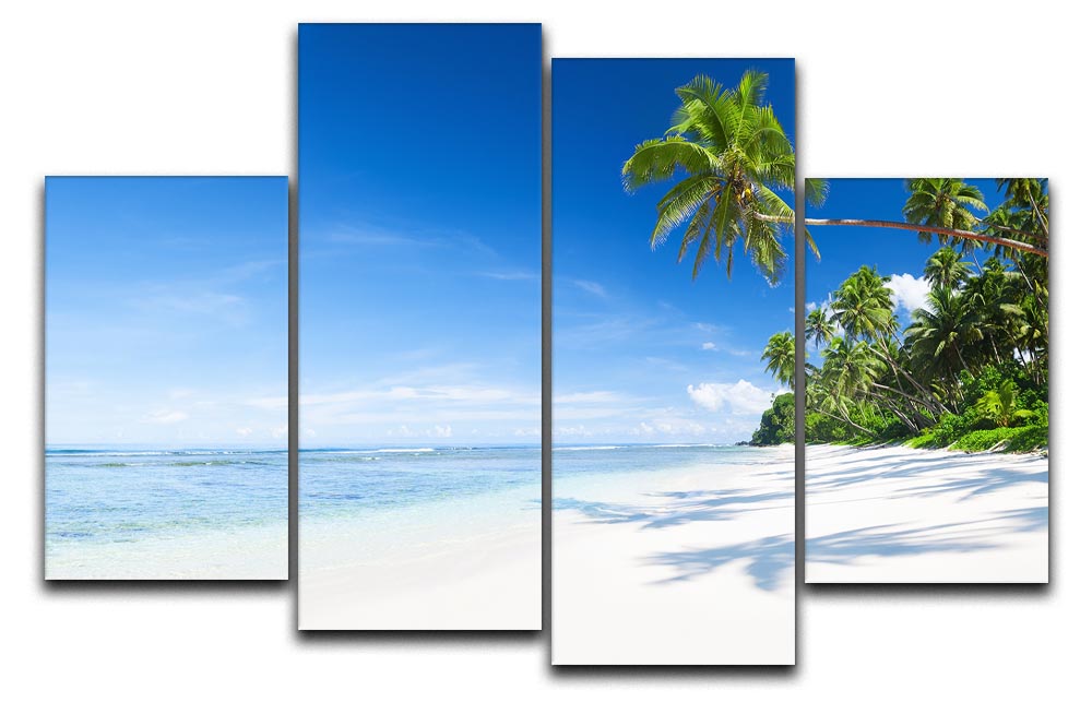 A vibrant 4-split canvas artwork featuring a serene coastline with palm trees, creating a dynamic and multi-dimensional visual effect.