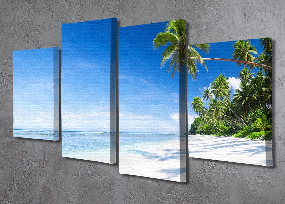 A vibrant 4-split canvas artwork featuring a serene coastline with palm trees, creating a dynamic and multi-dimensional visual effect.