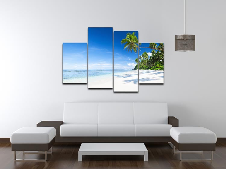 A vibrant 4-split canvas artwork featuring a serene coastline with palm trees, creating a dynamic and multi-dimensional visual effect.